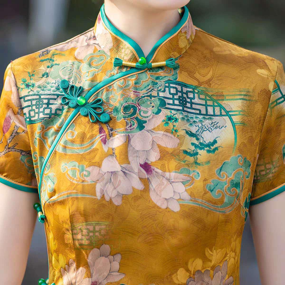 Vestido Qipao dorado, Cheongsam de seda vintage, Vestido de brocado amarillo, Vestido Formal Asiático, Atuendo para actos culturales, regalo