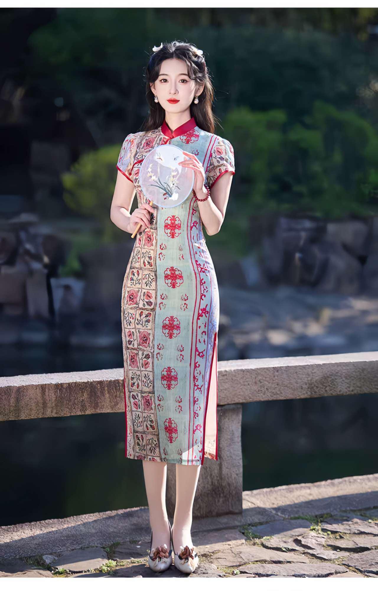 Patchwork Qipao Dress, Retro Cheongsam, Oriental Boho Dress, Vintage Style Qipao, Spring Summer Tea Dress, Gift for Her