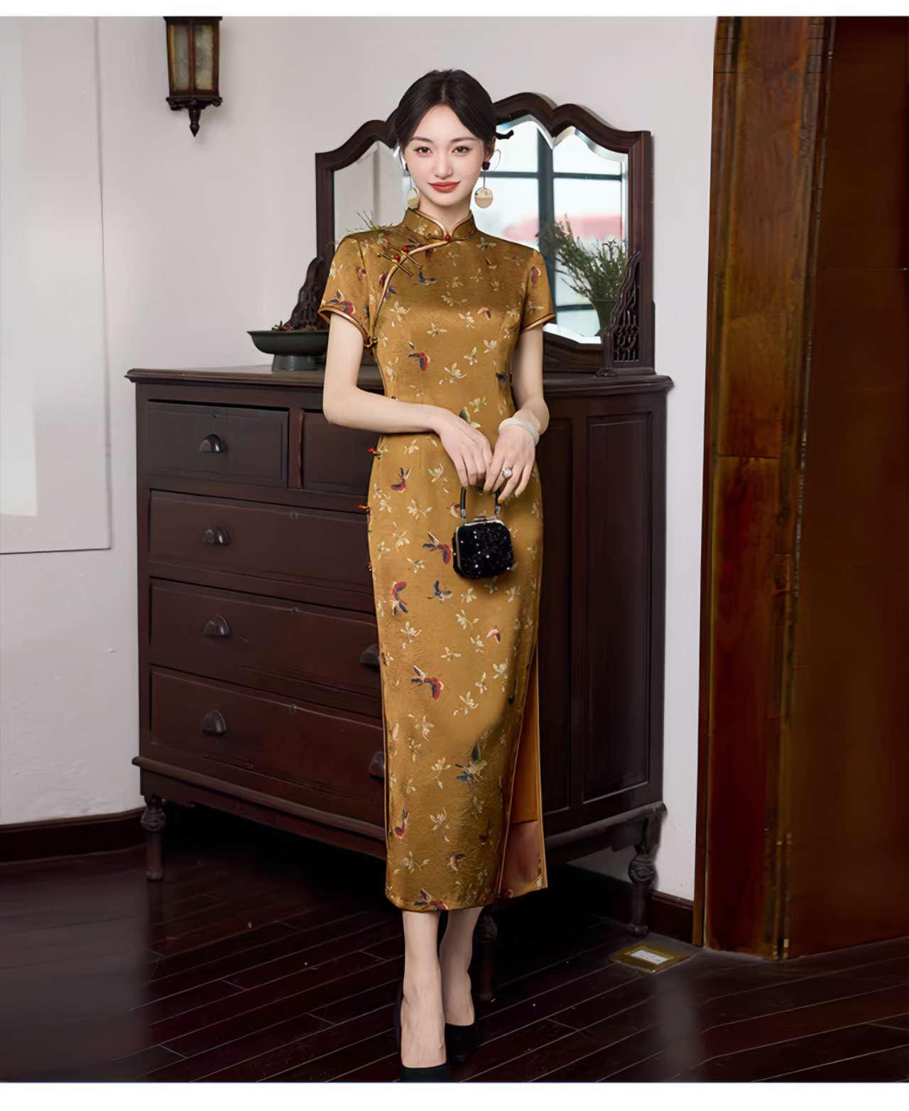 Yellow Bird Qipao, Vintage Cheongsam Dress, Summer Dress, Oriental Floral Dress, Elegant Tea Dress, Gift for Her