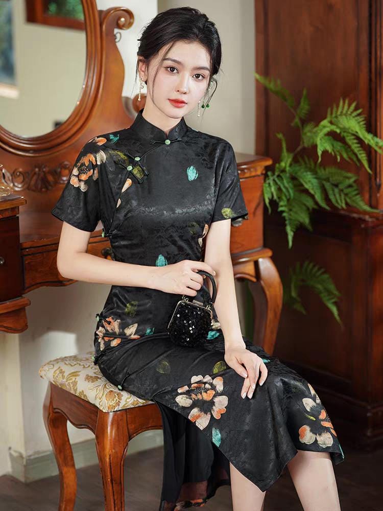 Black Jacquard Qipao, Chinese Cheongsam Dress, Vintage Chinese Dress, Plus Size M-4XL, Tea Ceremony Dress, Gift for Her