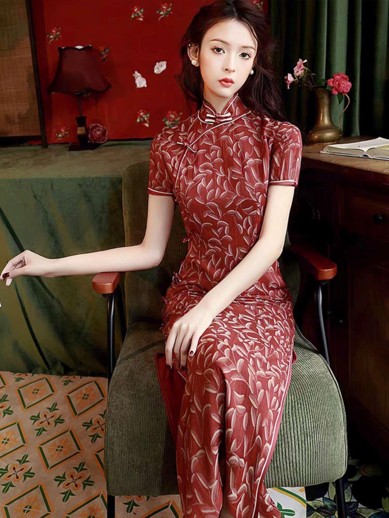 Cheongsam Moderno, Vestido Cheongsam Rojo, Vestido Qipao Chino de Novia Chino, Vestido Vintage Elegante para Té Gala,regalo para ella, retro