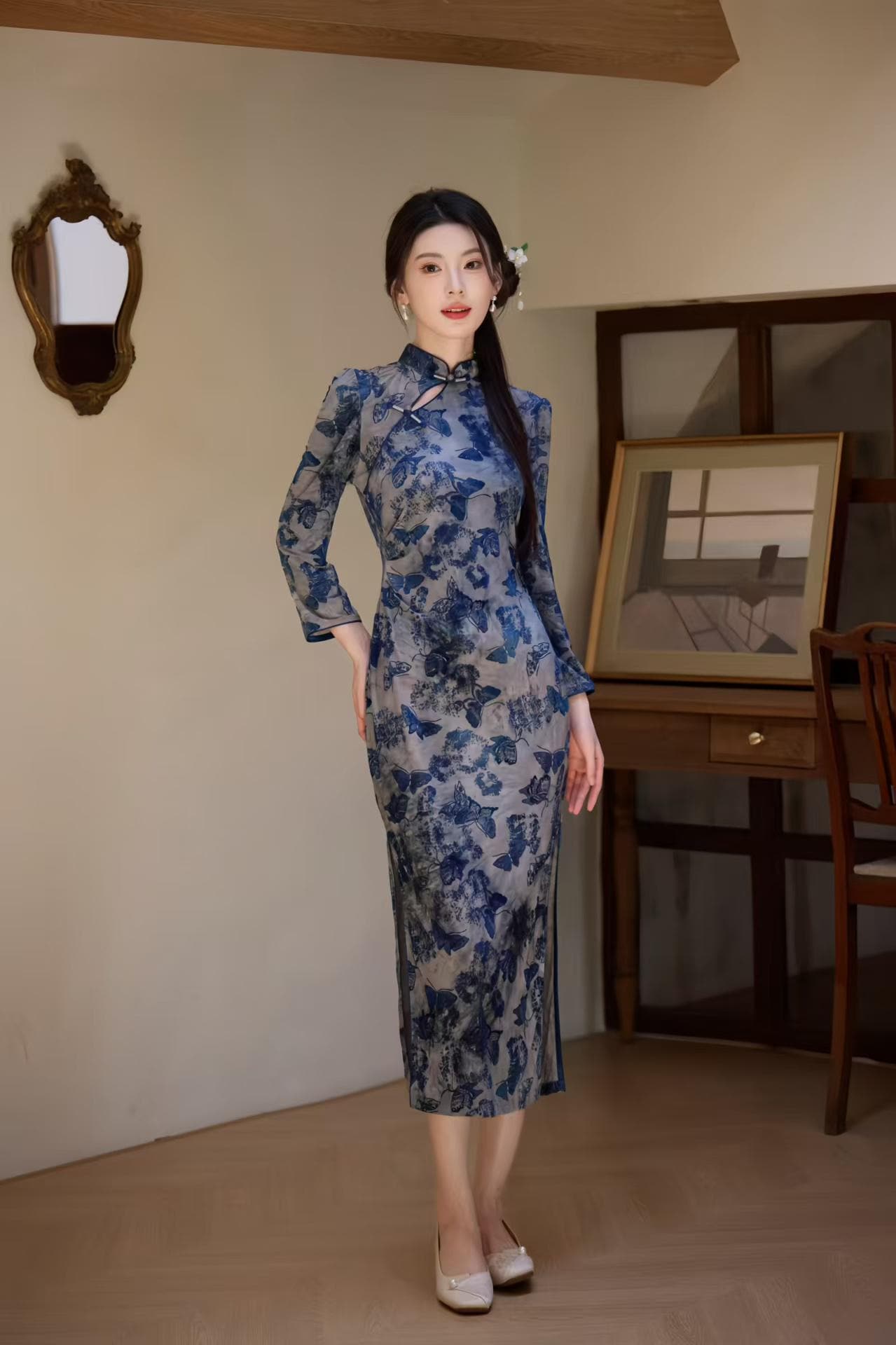 Velvet Qipao Dress, Blue Cheongsam with Butterfly Print, Elegant Oriental Evening Dress, Vintage Chinese Cocktail, Formal Fashion