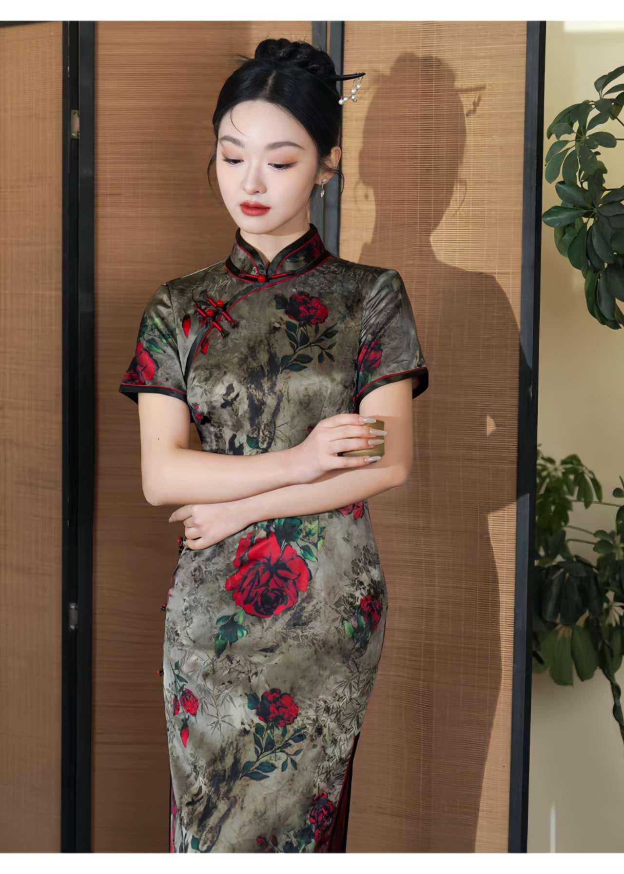 Qipao Rosa Vintage, Elegante Cheongsam Jacquard, Vestido Retro Chino, tallas grandes M-4XL,Vestido para Ceremonia del Té,Regalo para ella