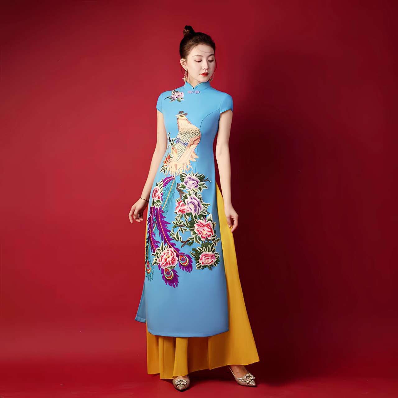 Ao Dai Qipao Dress, Oriental Cheongsam Dress, Peacock Embroidery Dress, Asian Vintage Evening Dress, Vietnamese Style Dress