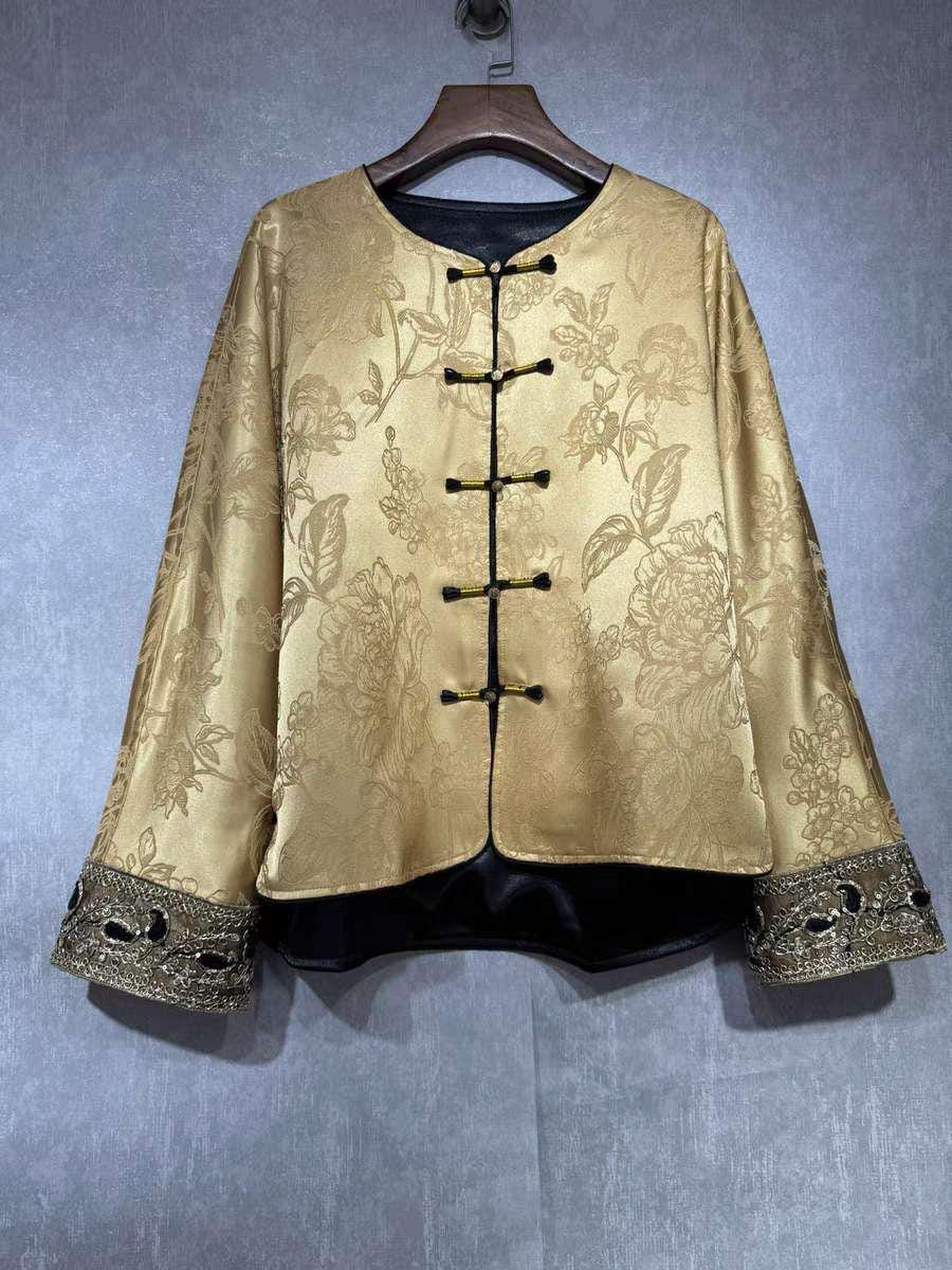 Chaqueta de oro Tang, Traje de chaqueta chino Tang, blusa con puños barrocos, Elegante Top, Abrigo inspirado en el Hanfu, regalo para ella