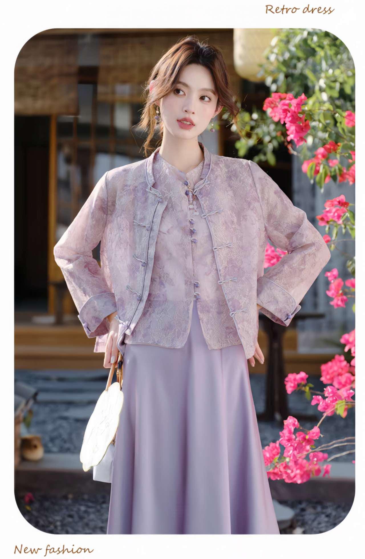 Vestido oriental de 3 piezas,Vestido Estilo Zen,Moderno Conjunto Hanfu,Conjunto Verano Oficina,Conjunto de falda asiática,Ceremonia del Té