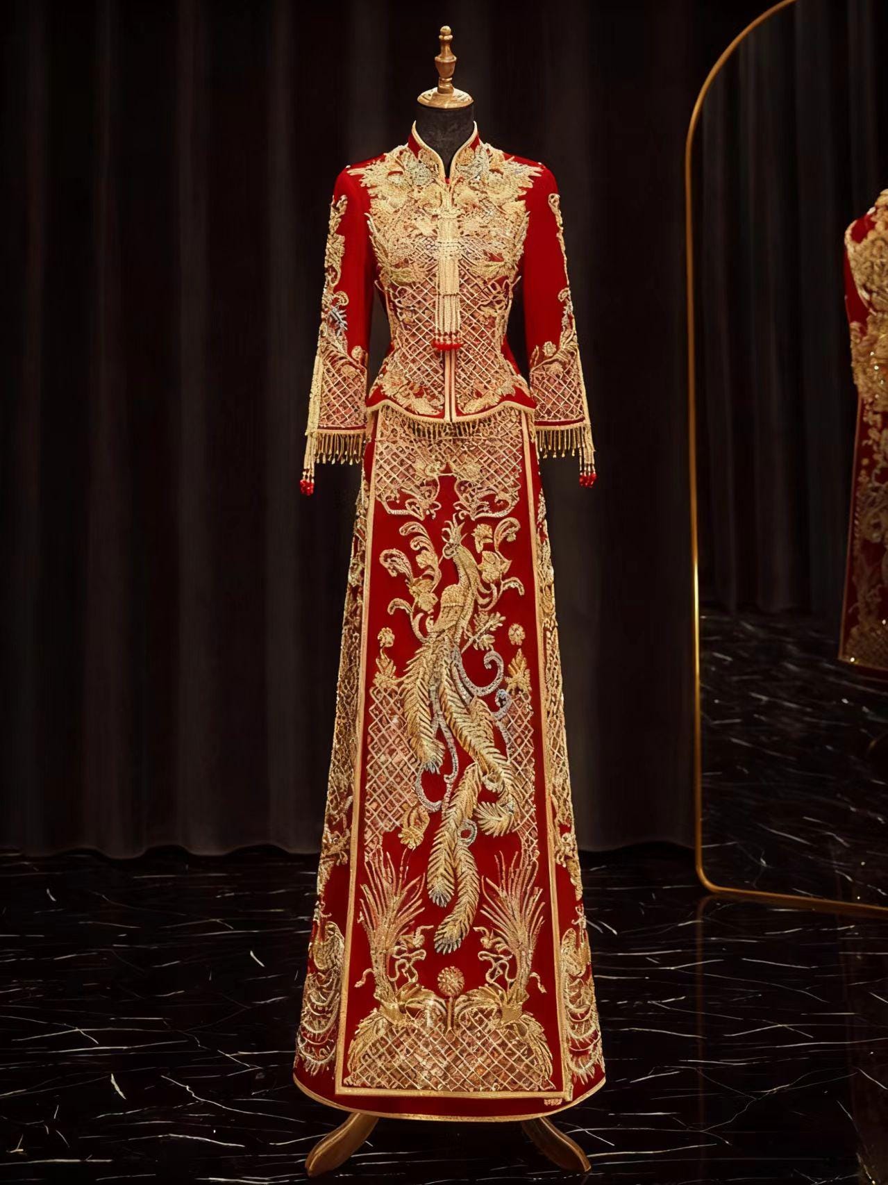 Red Gold Chinese Wedding Dress, Phoenix Sequins Embroidery Qun Kwa Gown, Luxury Oriental Bridal Outfit, Traditional Brocade Cheongsam, Gift