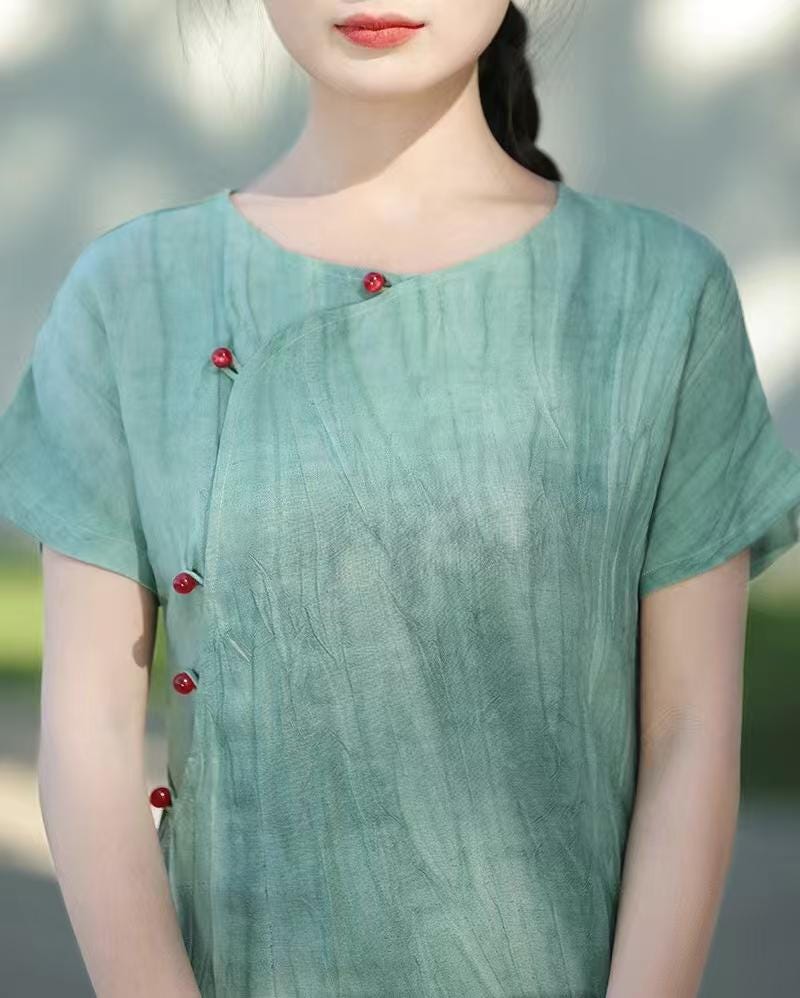Linen Dyed Qipao Dress, Full Button Round Neck Cheongsam, Natural Fiber Short Sleeve Dress, Chinese Retro Dress, Gift