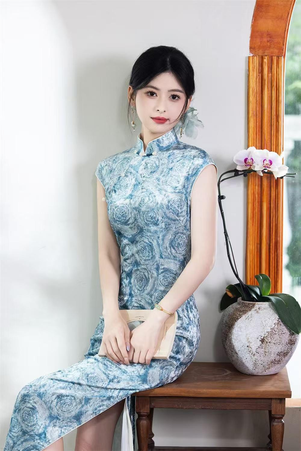 Pink Jacquard Velvet Qipao, Blue Vintage Cheongsam Dress, Elegant Autumn Oriental Dress, Gift for Her, Chinese Style Cocktail Party
