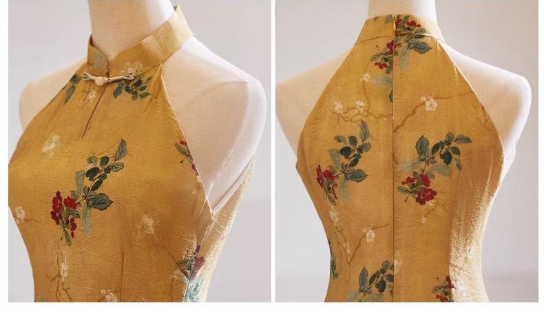 Qipao Vintage de Cuello Halter, Vestido Chino Elegante de Lino y Seda, Cheongsam sin Mangas para Uso Diario, Atuendo Oriental de Verano