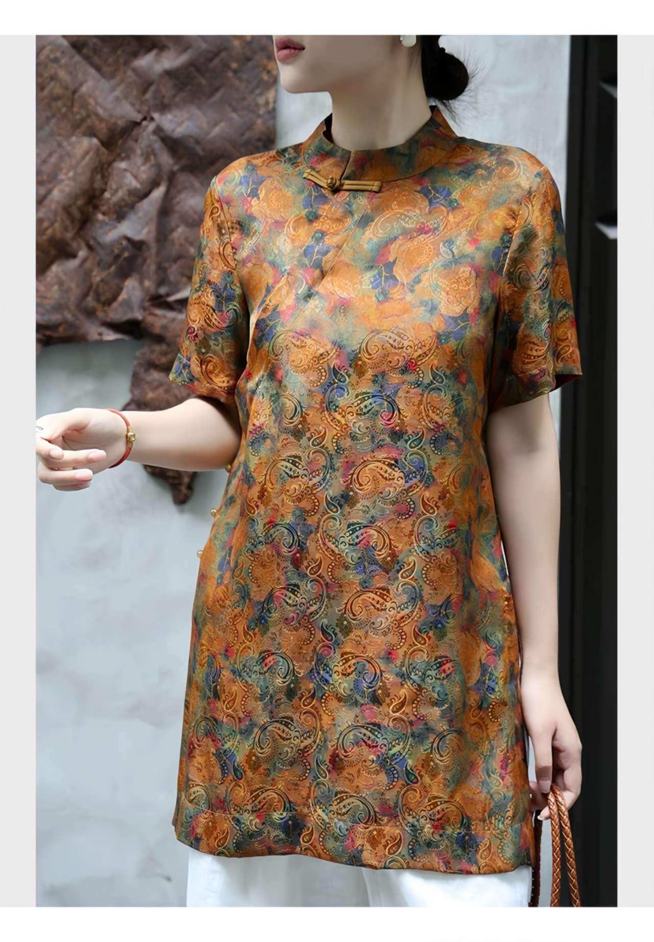 Seda Tang Traje Top, Blusa China Vintage, Camisa Paisley Naranja, Camisa de Verano, Top Tradicional, Blusa Cheongsam, Camisa Boho Étnica