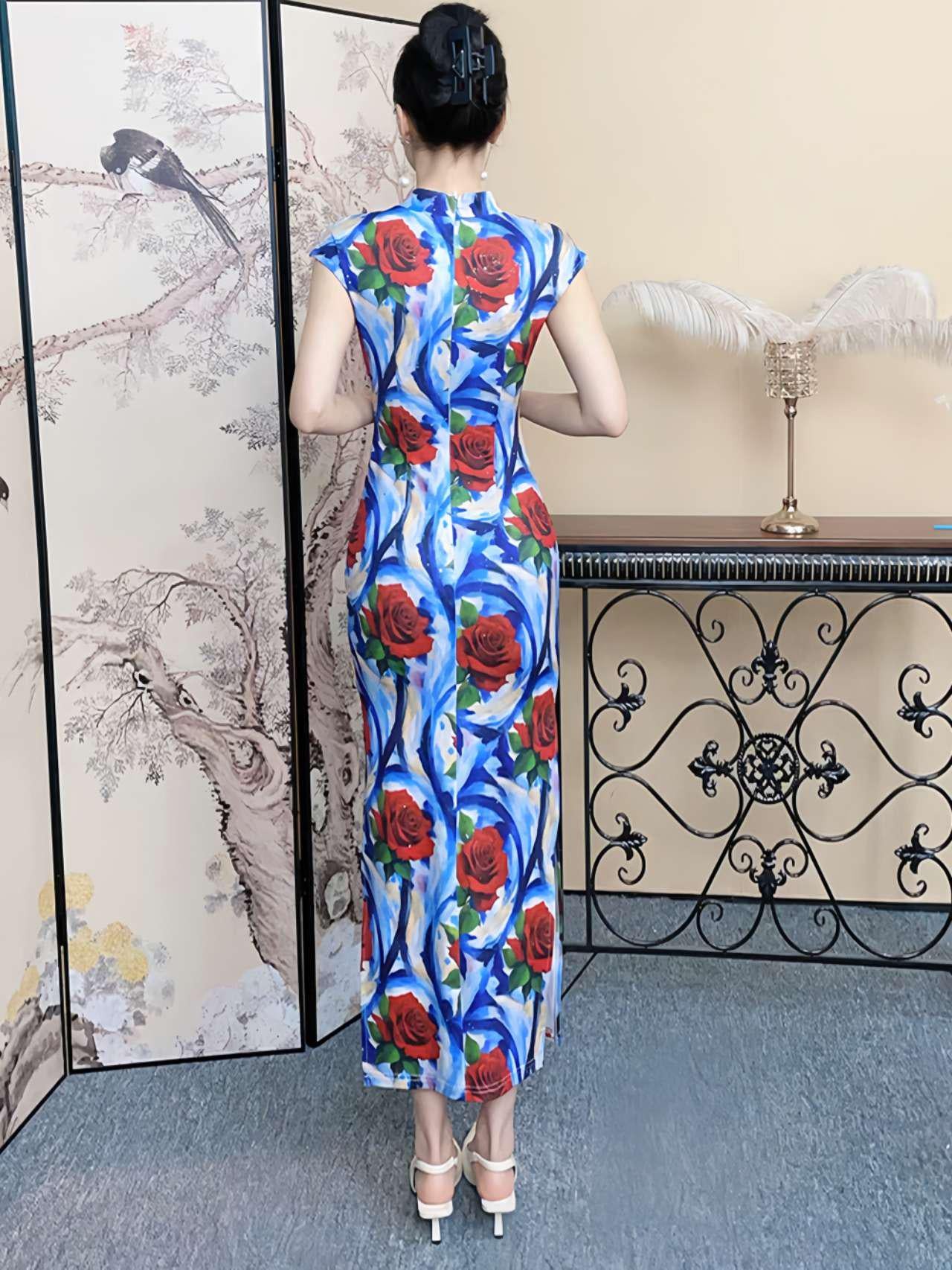 Vestido Qipao Estampado Rosa, Cheongsam Chino Floral,Vestido Rosa Rojo Abstracto, Qipao Moderno para Fiesta,Vestido Oriental Largo Azul Rojo