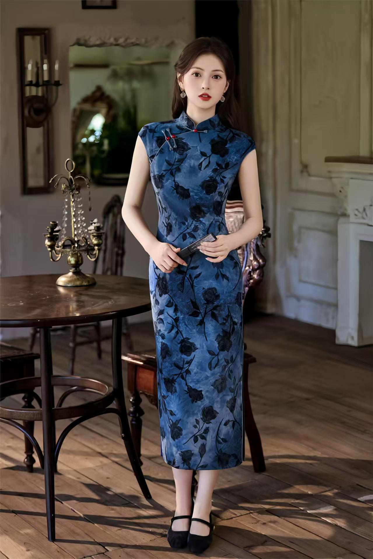 Vestido Qipao Chino Vintage, Maxi Cheongsam Floral Tie Dye,Noche con Cuello Mandarín Retro,Elegante Fiesta Estilo Asiático,Largo Tradicional