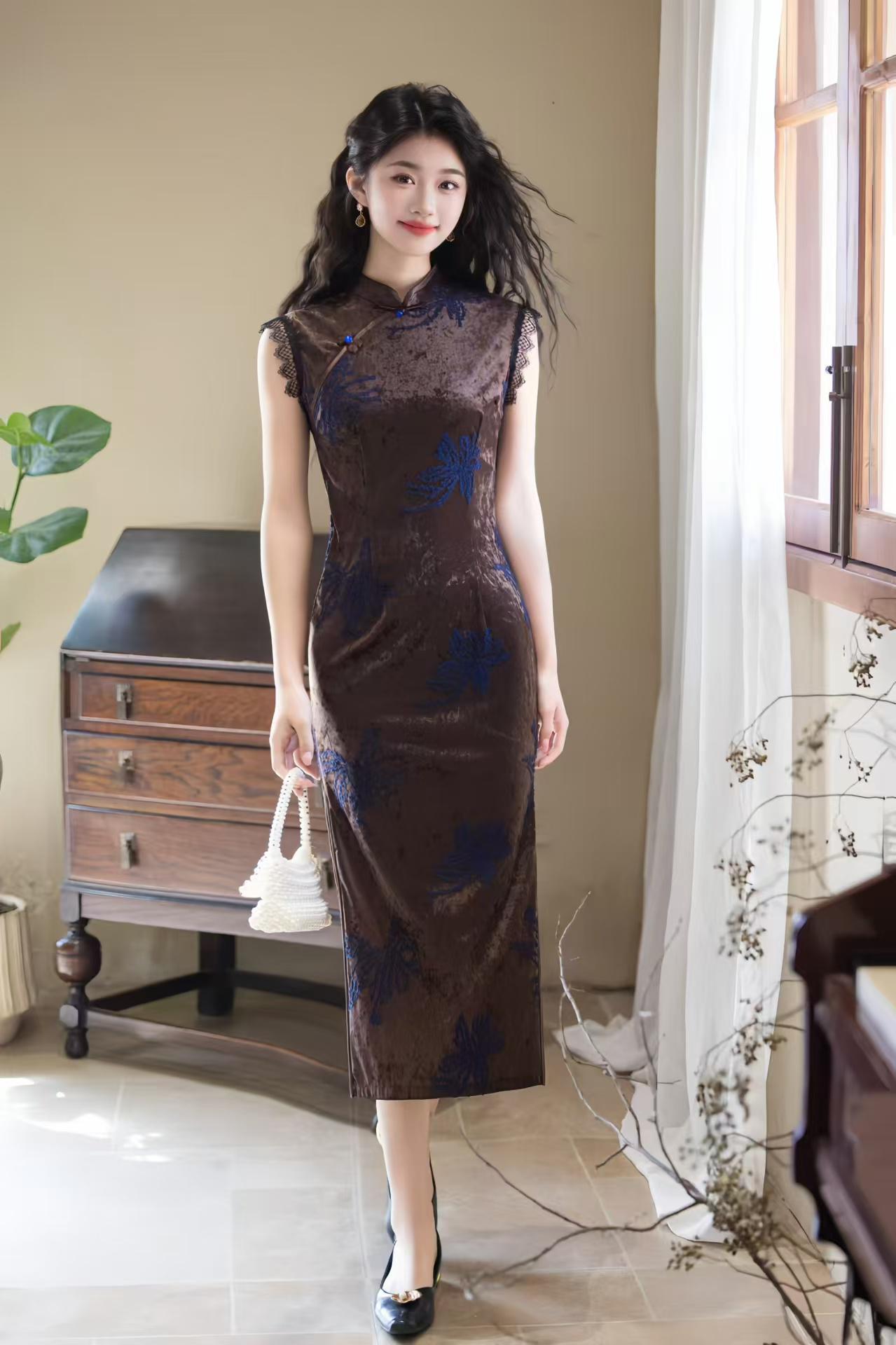 Velvet Qipao Dress with Diamonds, Coffee Brown Cheongsam with Blue Embroidery, Elegant Chinese Midi Dress with Lace Trim, Autumn Luxury