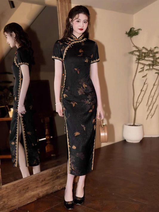Vestido Qipao Negro, Vestido Cheongsam Vintage,Vestido Chino de Encaje,  Elegante Traje Oriental,Vestido Estampado Mariposa,Ceremonia del Té
