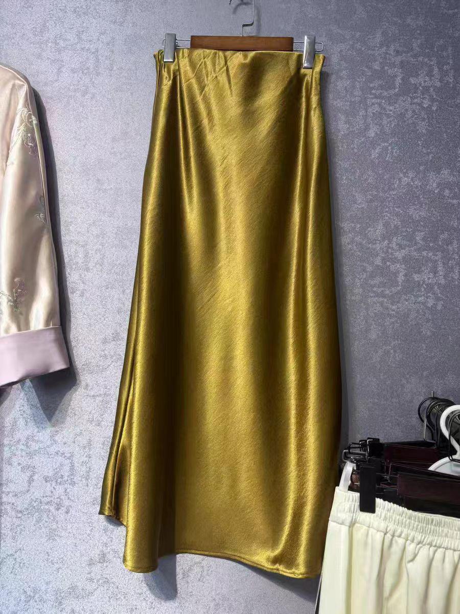 Falda Midi de Raso de Seda, Falda de Acetato con Dobladillo de Sirena, Elegante Maxi Falda Minimalista, Falda Estilo Parisino Intemporal
