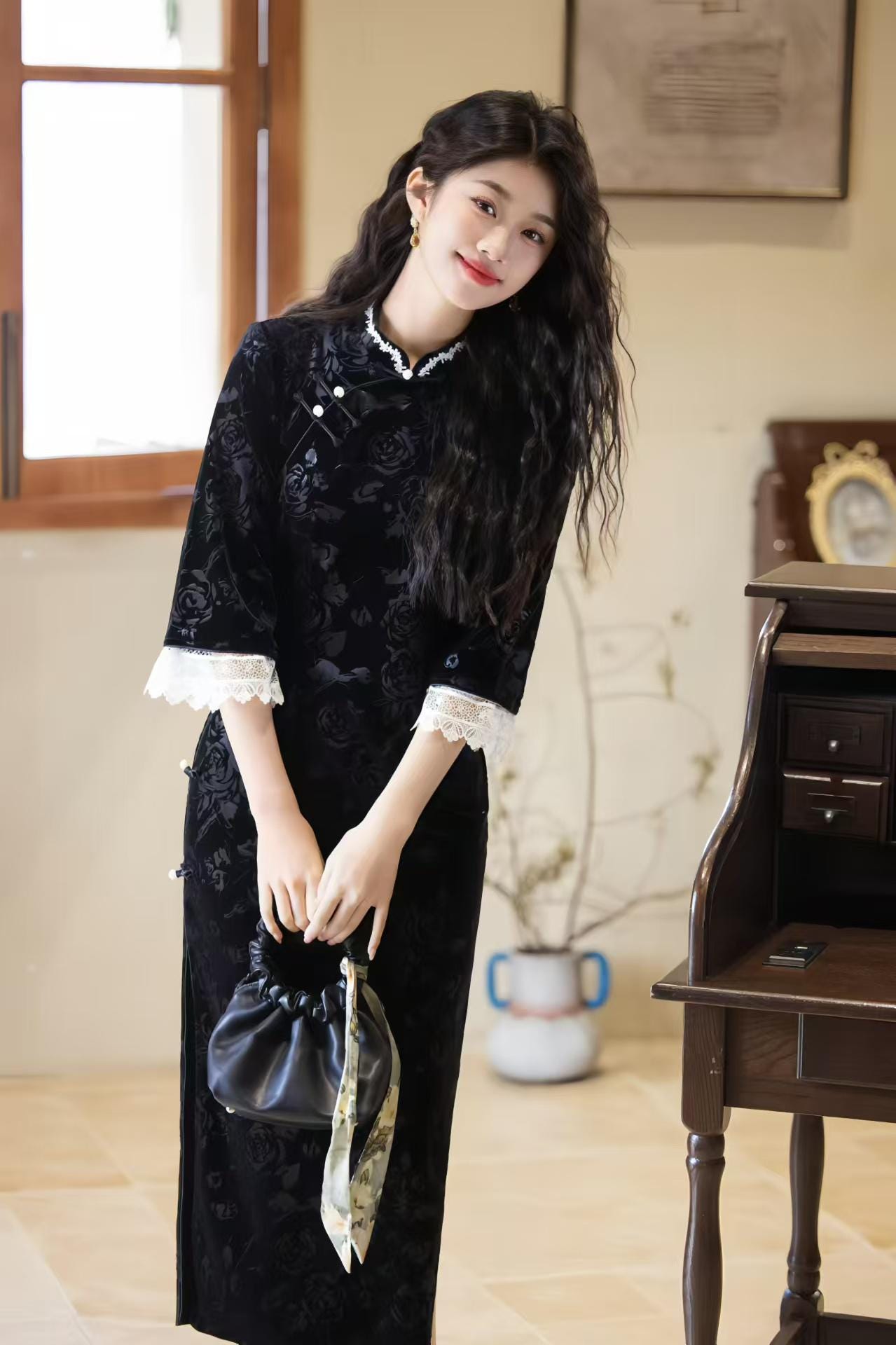 Pink Velvet Jacquard Qipao, Black Midi Cheongsam Dress, Elegant Chinese Dress with Lace Trim, Vintage Autumn Oriental Dress
