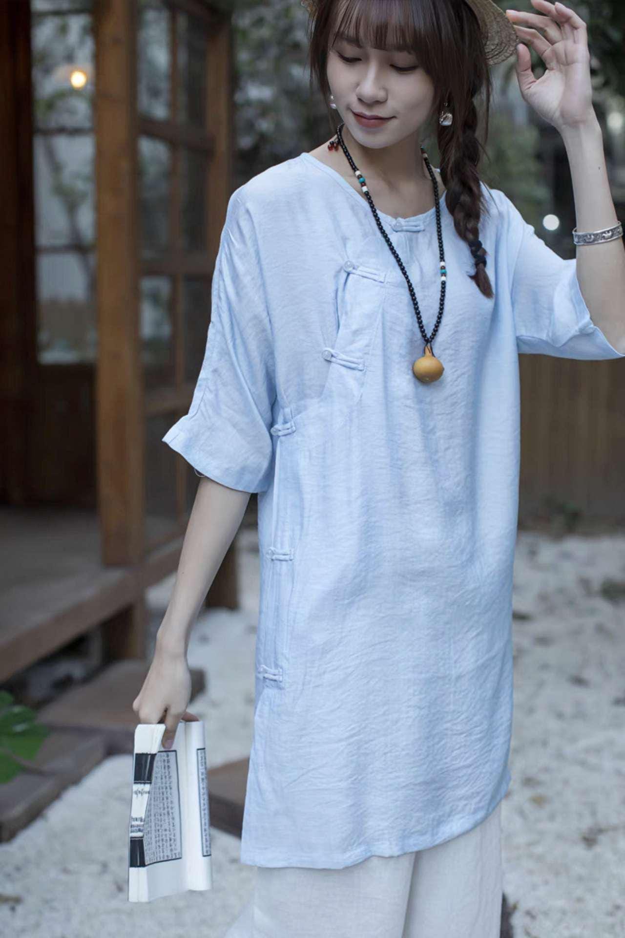 blusa zen asiática, camisa de meditación, ropa de té oriental, blusa estilo hanfu moderna,túnica relajante de verano,regalo espiritual mujer