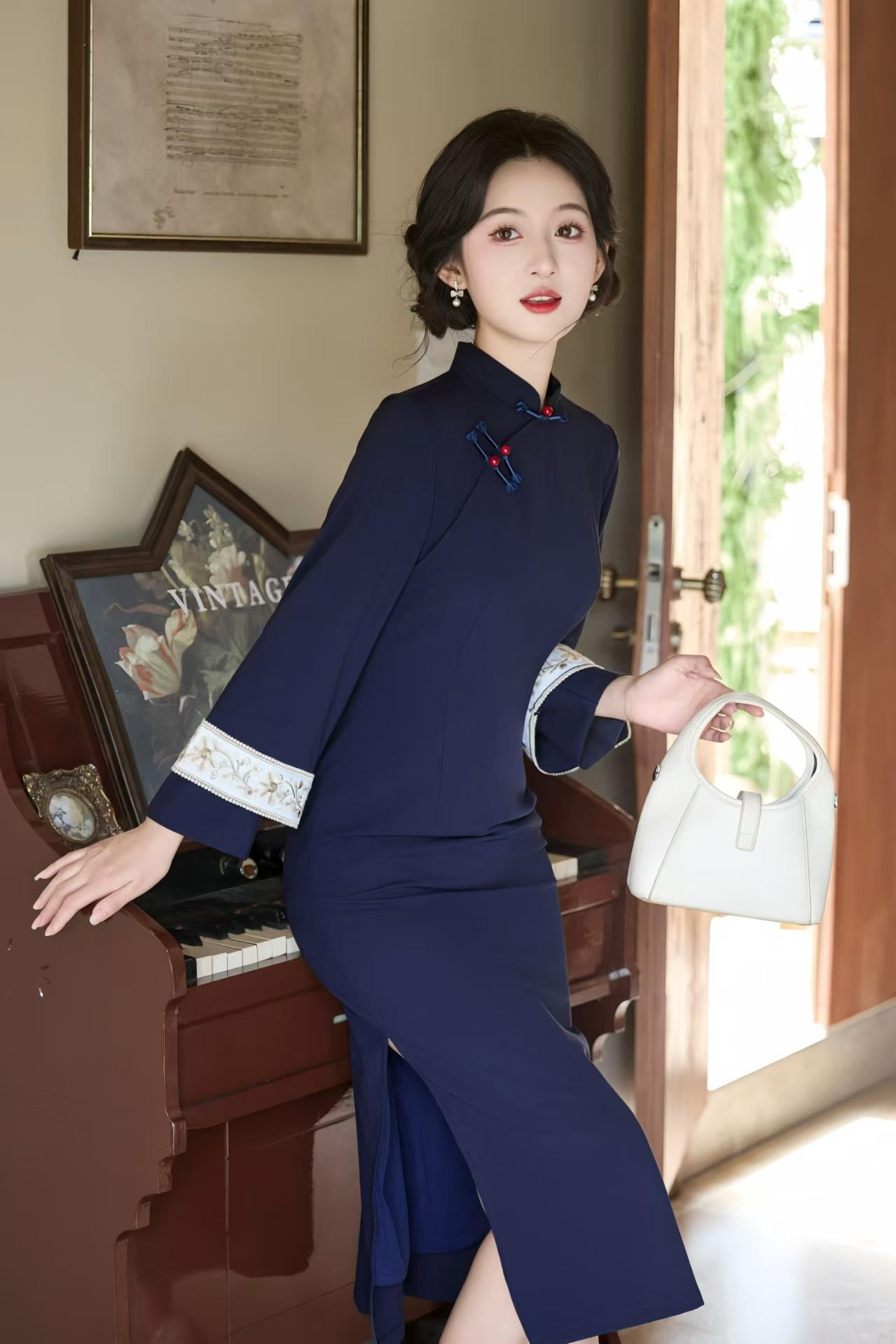 Vestido Qipao Otoño, Vestido Cheongsam Azul Marino, Vestido Chino Manga Larga, Elegante Conjunto Midi Tang, Vestido Oriental Lino Tencel