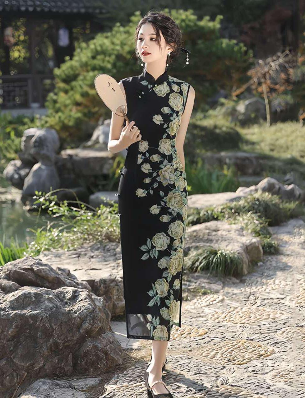 Qipao Floral Sin Mangas – Vestido Cheongsam de Malla Suiza – Elegante Vestido Chino para Fiesta de Té – Moda Asiática Vintage