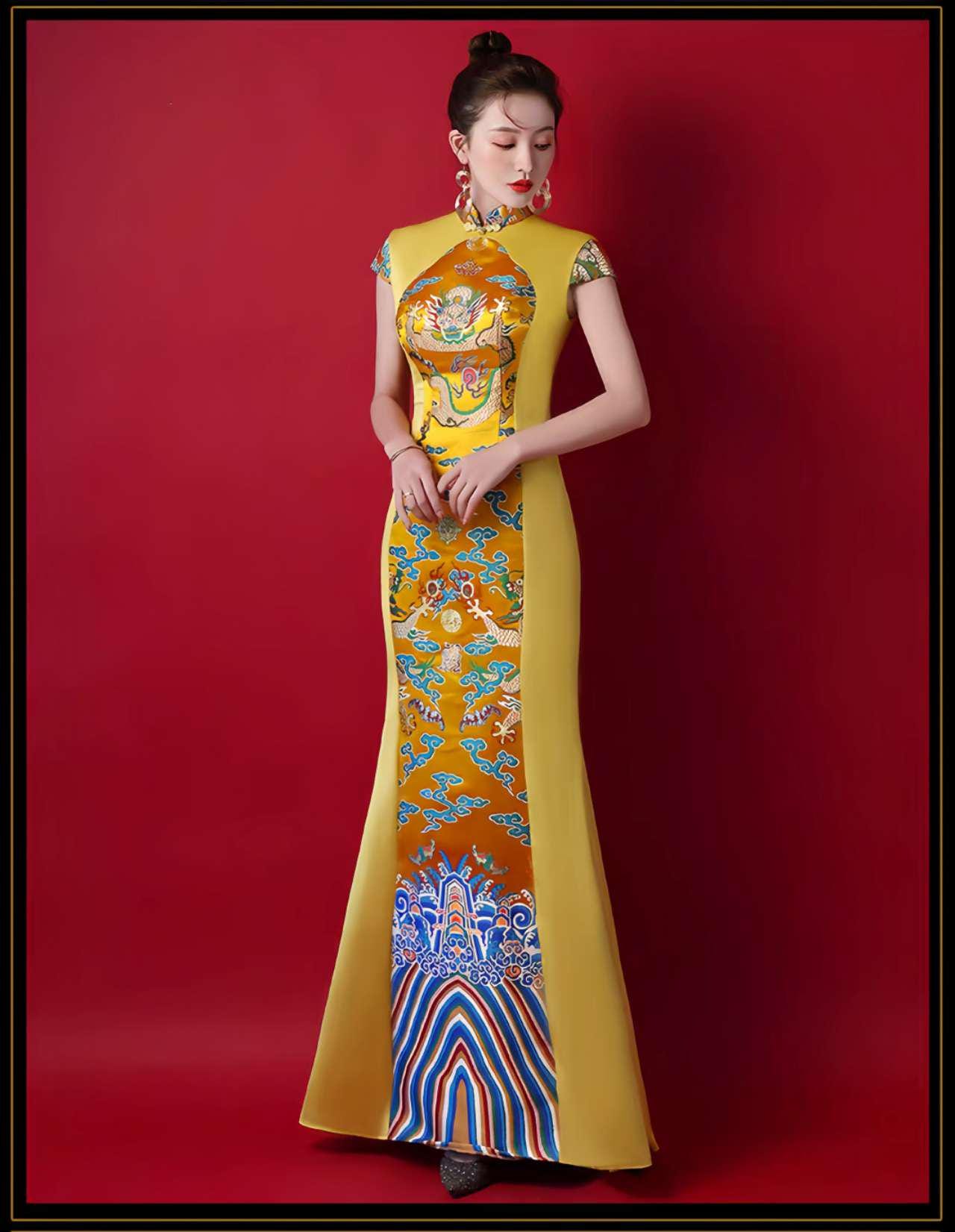 Cheongsam Dragón Imperial, Vestido Chino Amarillo, Vestido de Noche Oriental, Qipao Largo,Traje Tradicional Asiático,Traje Escénico Cultural
