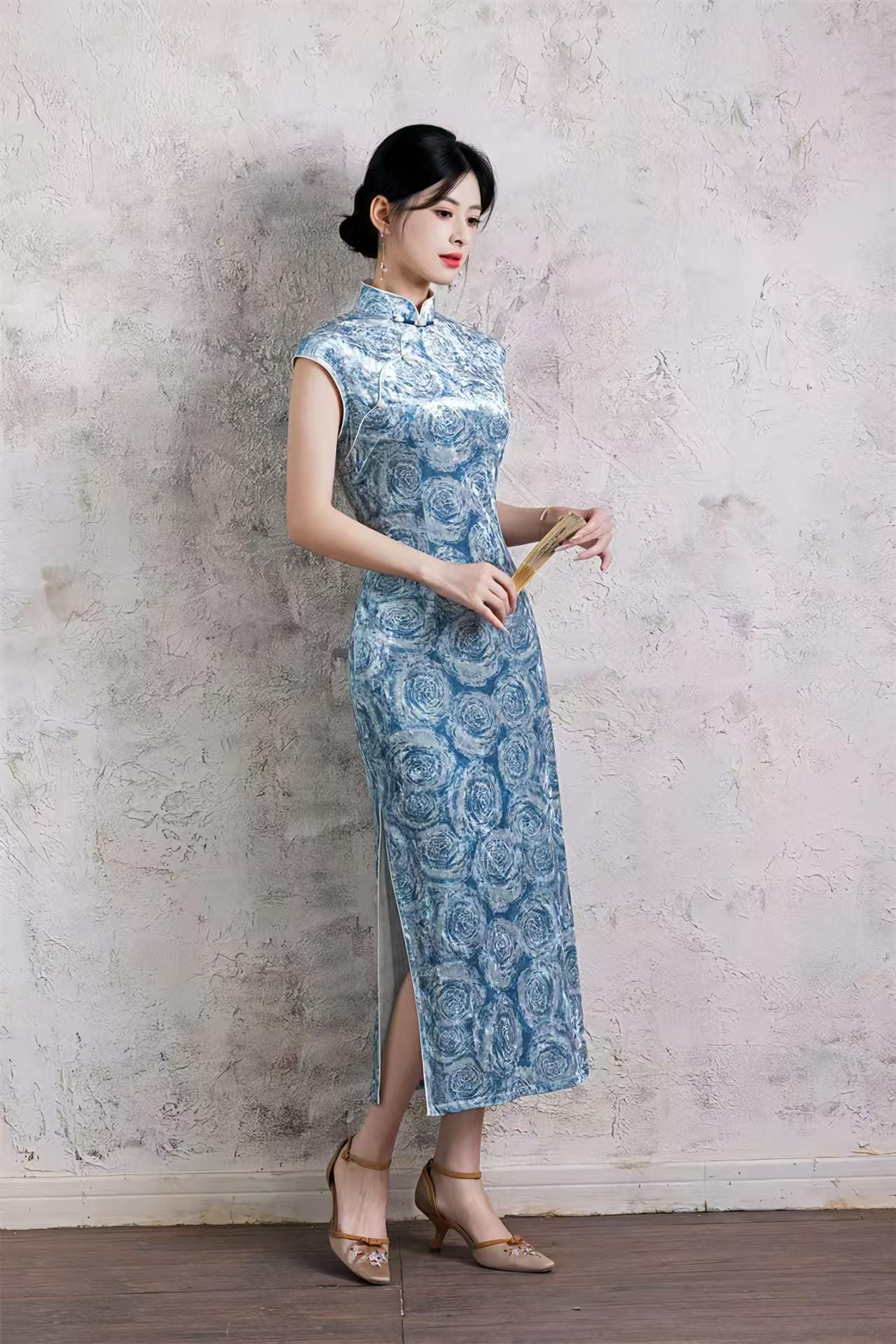 Pink Jacquard Velvet Qipao, Blue Vintage Cheongsam Dress, Elegant Autumn Oriental Dress, Gift for Her, Chinese Style Cocktail Party