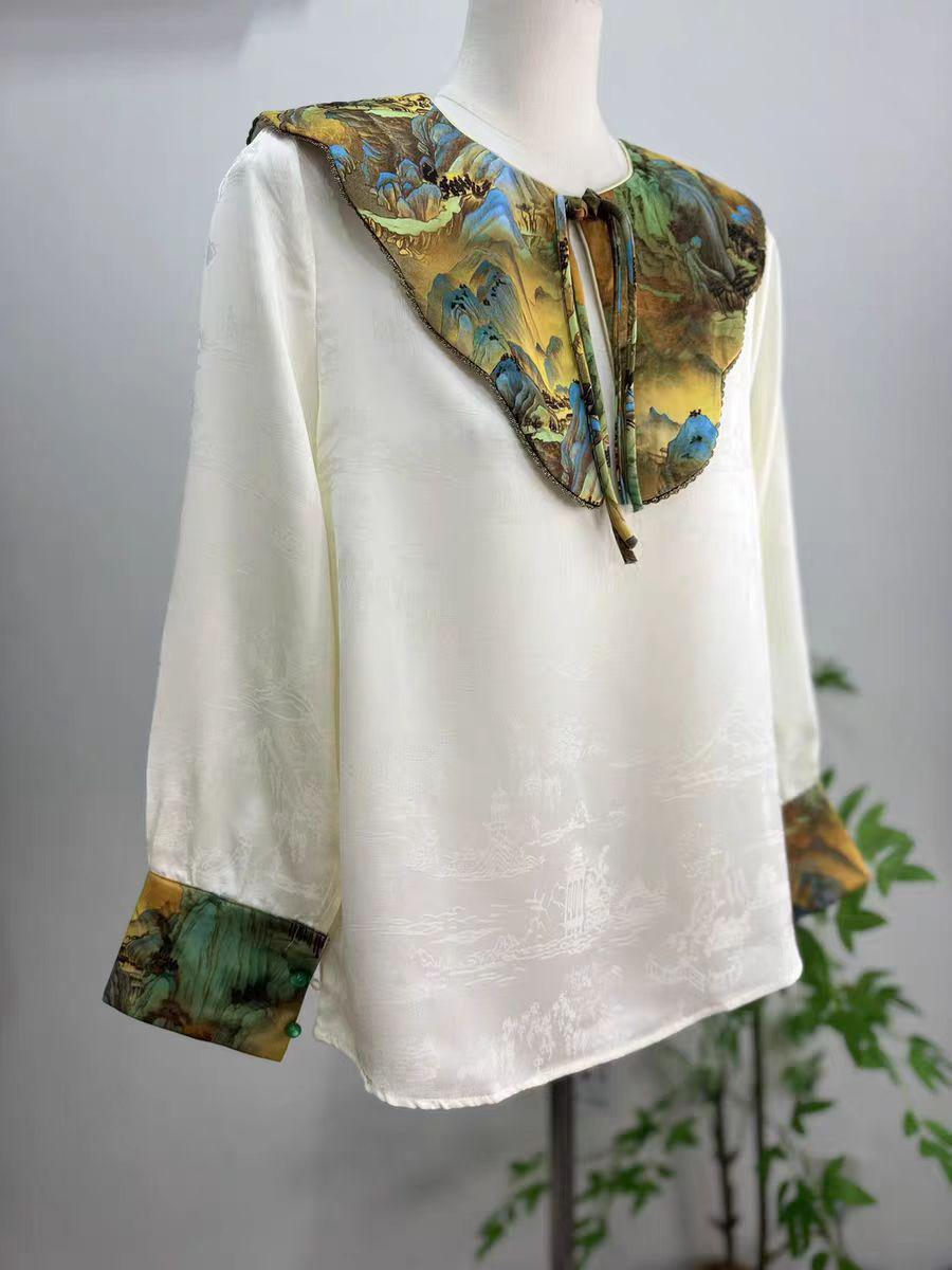 Blusa China Vintage con Cuello de Nube,Camisa Oriental de Raso Jacquard,Top Retro Inspirado en la Dinastía Tang, Camisa de Traje Étnico