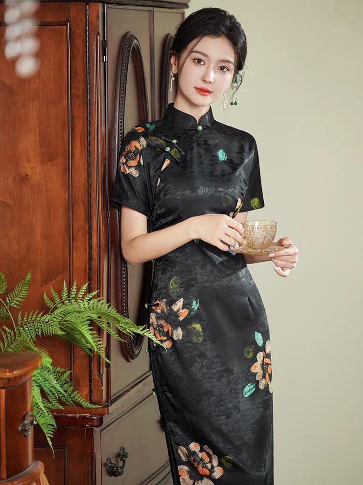 Qipao de jacquard negro, Vestido Cheongsam chino, Vestido Chino Vintage, tallas grandes M-4XL,Vestido para Ceremonia del Té,Regalo para ella