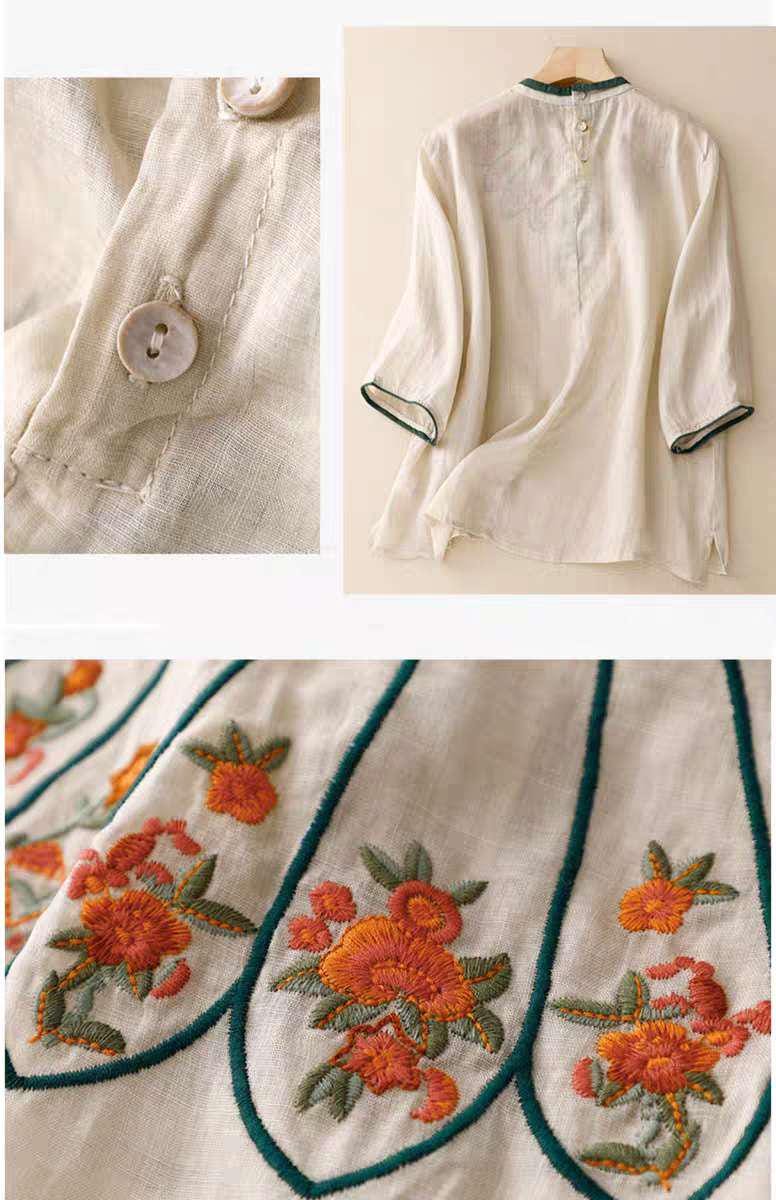 Camisa floral étnica de estilo vintage - Túnica de lino de algodón con bordado popular-  Blusa para mujer inspirada en el arte popular chino