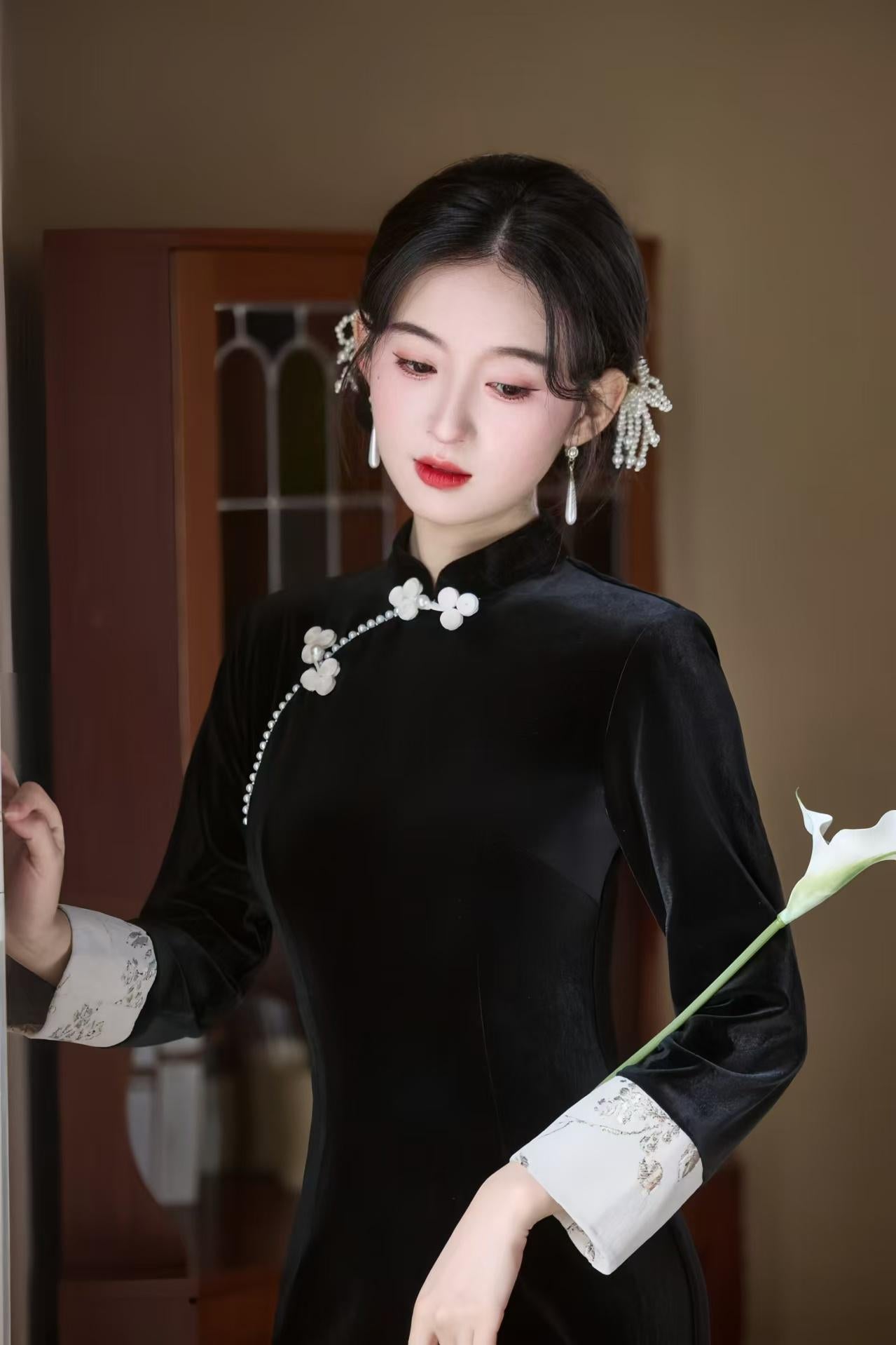 Velvet Qipao Dress, Blue Cheongsam with Butterfly Print, Elegant Oriental Evening Dress, Vintage Chinese Cocktail, Formal Fashion