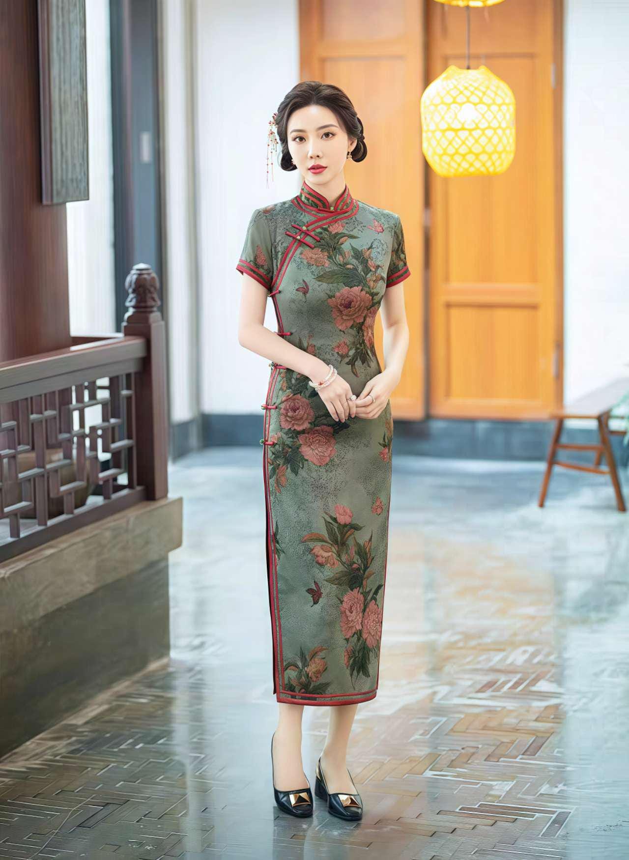 Vintage Floral Qipao, Green Brocade Cheongsam, Oriental Wedding Dress, Asian Retro Dress, Classic Qipao Dress, Tea Ceremony