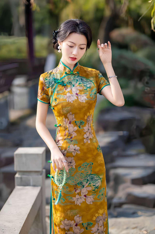 Vestido Qipao dorado, Cheongsam de seda vintage, Vestido de brocado amarillo, Vestido Formal Asiático, Atuendo para actos culturales, regalo