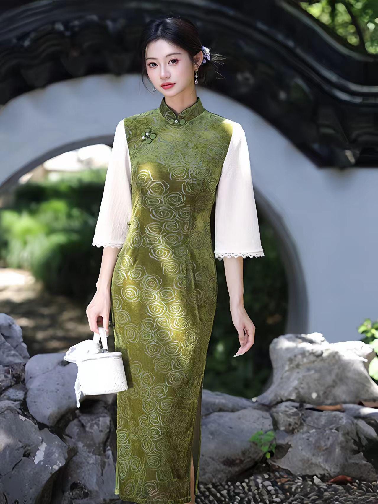 Qipao de Terciopelo,Vestido Cheongsam clásico,Vestido de Fiesta Oriental morado,Vestido Formal Vintage,Cheongsam Retro Floral,para Té o Gala
