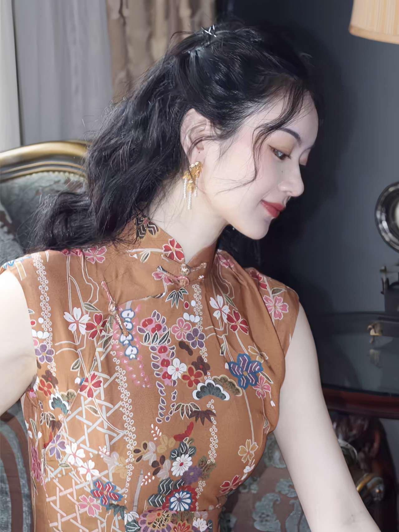 Vestido qipao vintage, Cheongsam Moderno, estampado floral retro, estilo chino tradicional, Vestido Elegante para Té