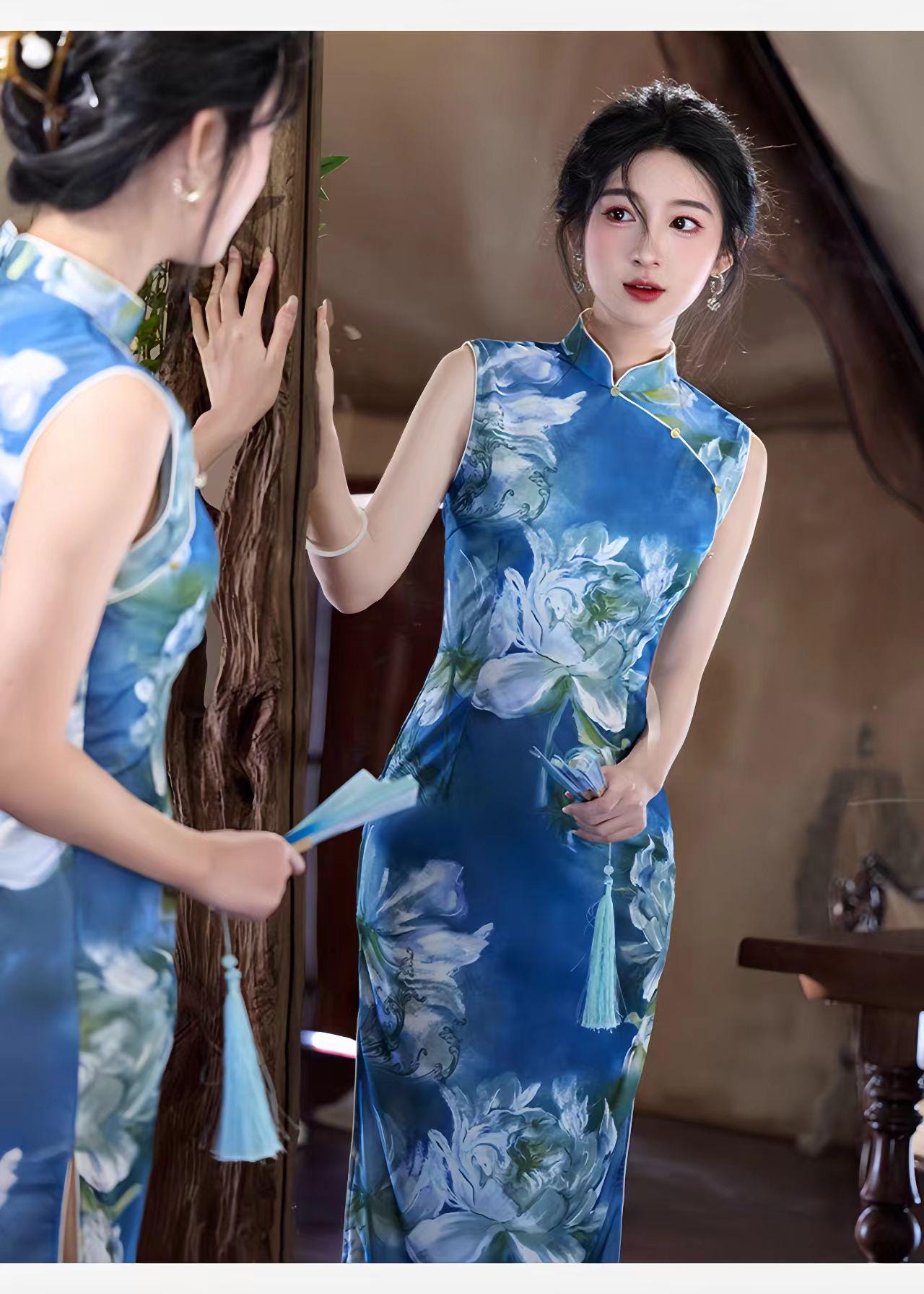 Vestido Qipao Malla Azul,Cheongsam Floral Acuarela,Vestido Chino Moderno,Vestido de Fiesta Cultural,Qipao Primavera Verano, regalo para ella