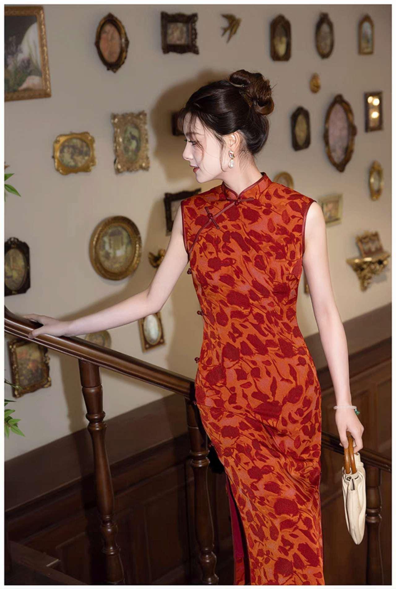Qipao Floral Rojo, Vestido Chino Retro, Cheongsam Vintage, Traje de Boda, Elegante Moda Asiática, Vestido para Té o Gala, regalo para ella