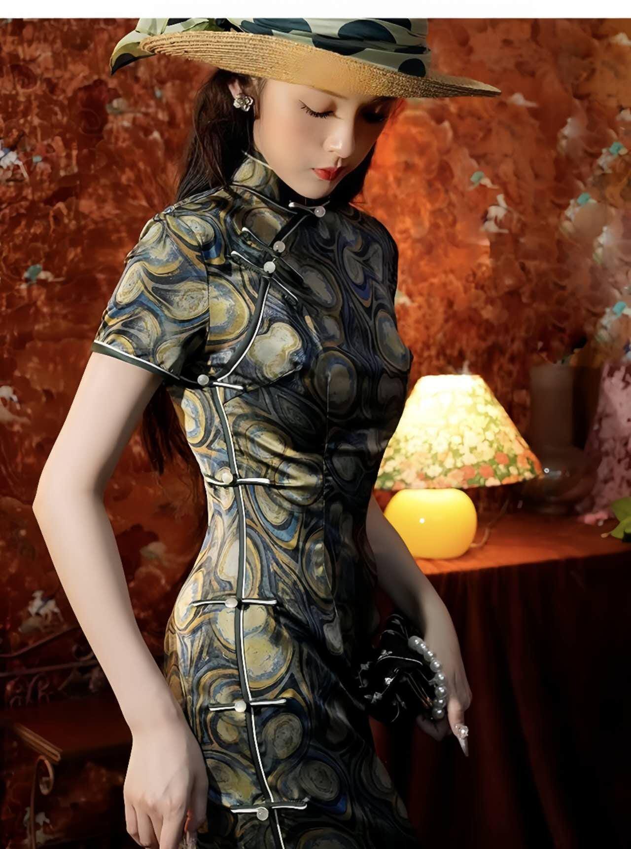 Qipao de estilo renacentista, Cheongsam de brocado artístico, Vestido de patrón barroco, Vestido vintage, Vestido para la ceremonia del té