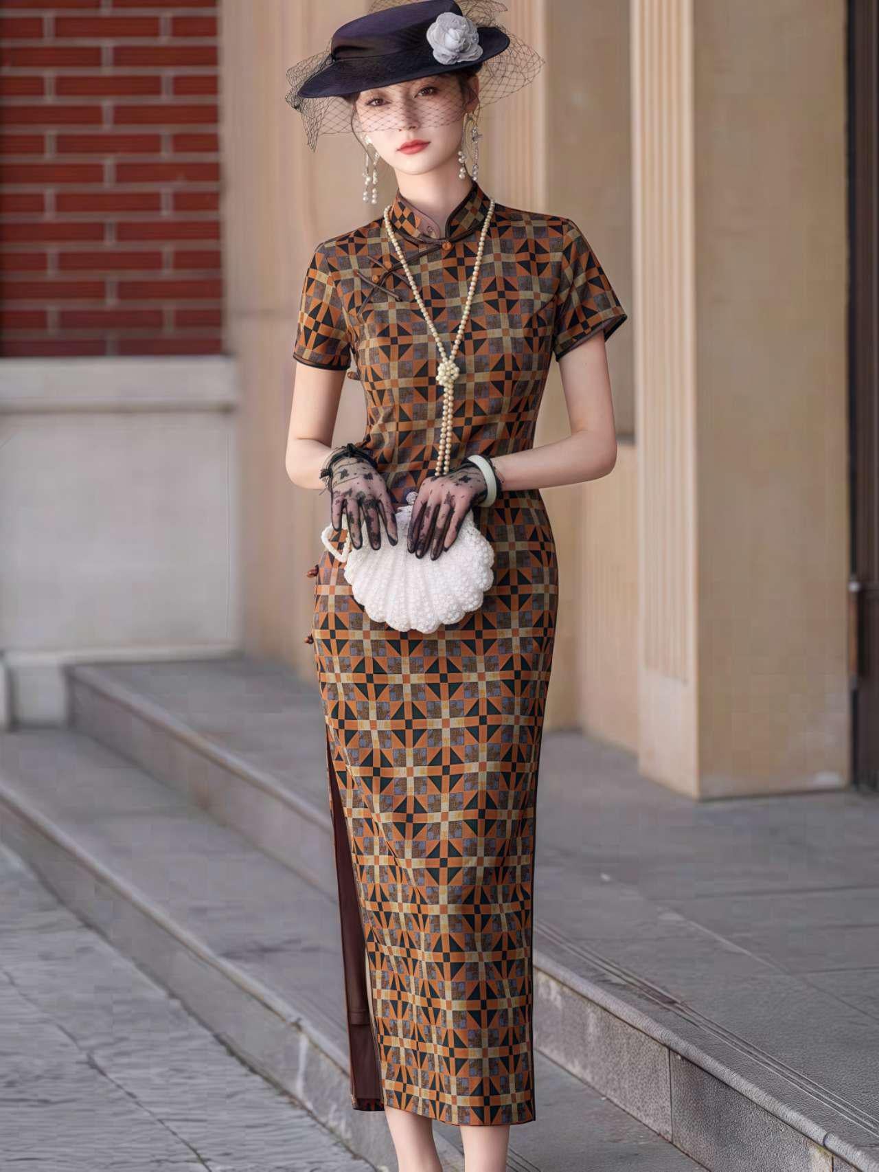 Vestido Qipao Vintage,Vestido Cheongsam Retro,Vestido de Raso Chino,Qipao Estilo Años 20,Cheongsam Estampado Geométrico,Vestido Chino Gatsby