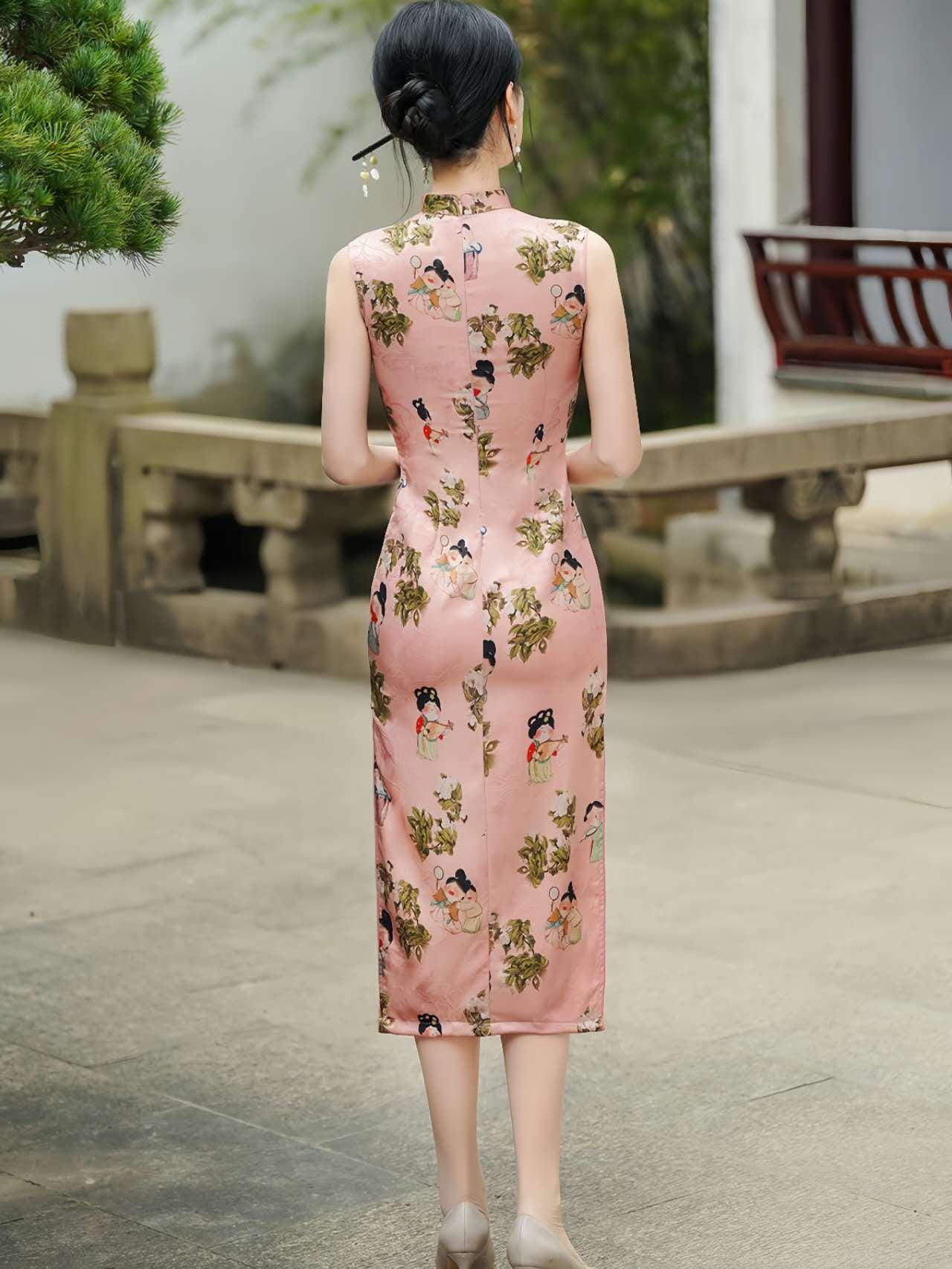 Cheongsam Rosa, Qipao Vintage Lady Print, Vestido Cultural Chino, Qipao Inspirado en Hanfu, Vestido para Ceremonia del Té, regalo para ella