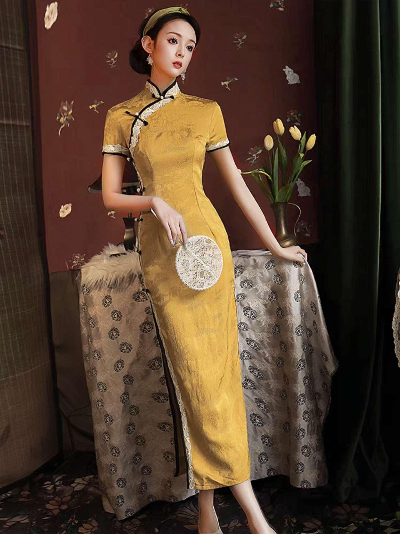 Vestido Qipao Dorado, Elegante Cheongsam Chino, Vestido Retro Largo, Vestido Cultural de Té Amarillo, Vestido Formal de Fiesta Asiático