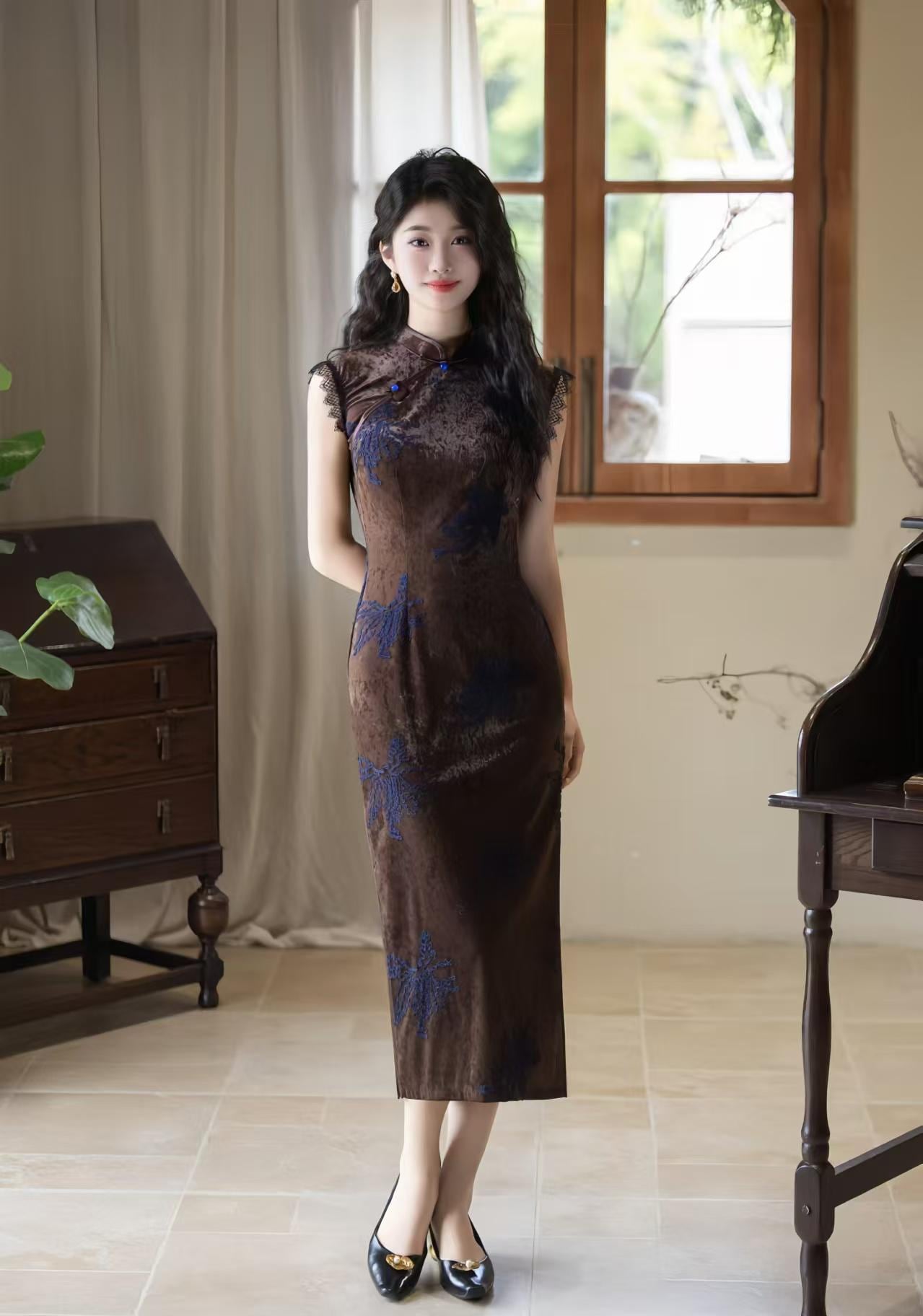 Velvet Qipao Dress with Diamonds, Coffee Brown Cheongsam with Blue Embroidery, Elegant Chinese Midi Dress with Lace Trim, Autumn Luxury