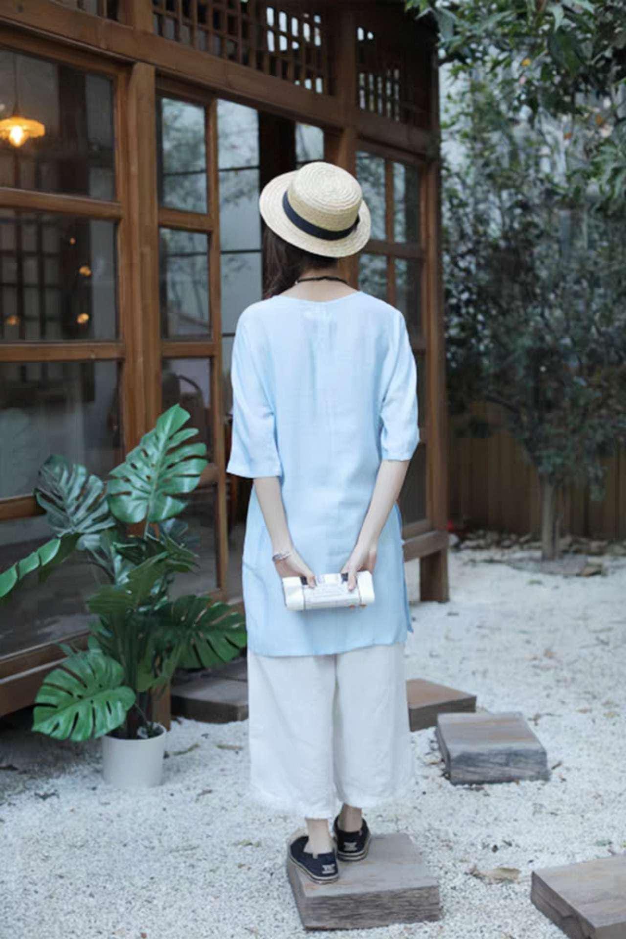 blusa zen asiática, camisa de meditación, ropa de té oriental, blusa estilo hanfu moderna,túnica relajante de verano,regalo espiritual mujer