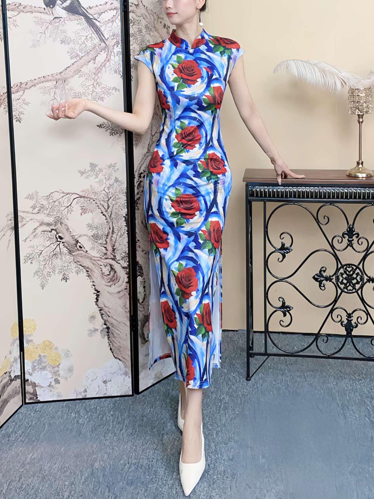 Vestido Qipao Estampado Rosa, Cheongsam Chino Floral,Vestido Rosa Rojo Abstracto, Qipao Moderno para Fiesta,Vestido Oriental Largo Azul Rojo