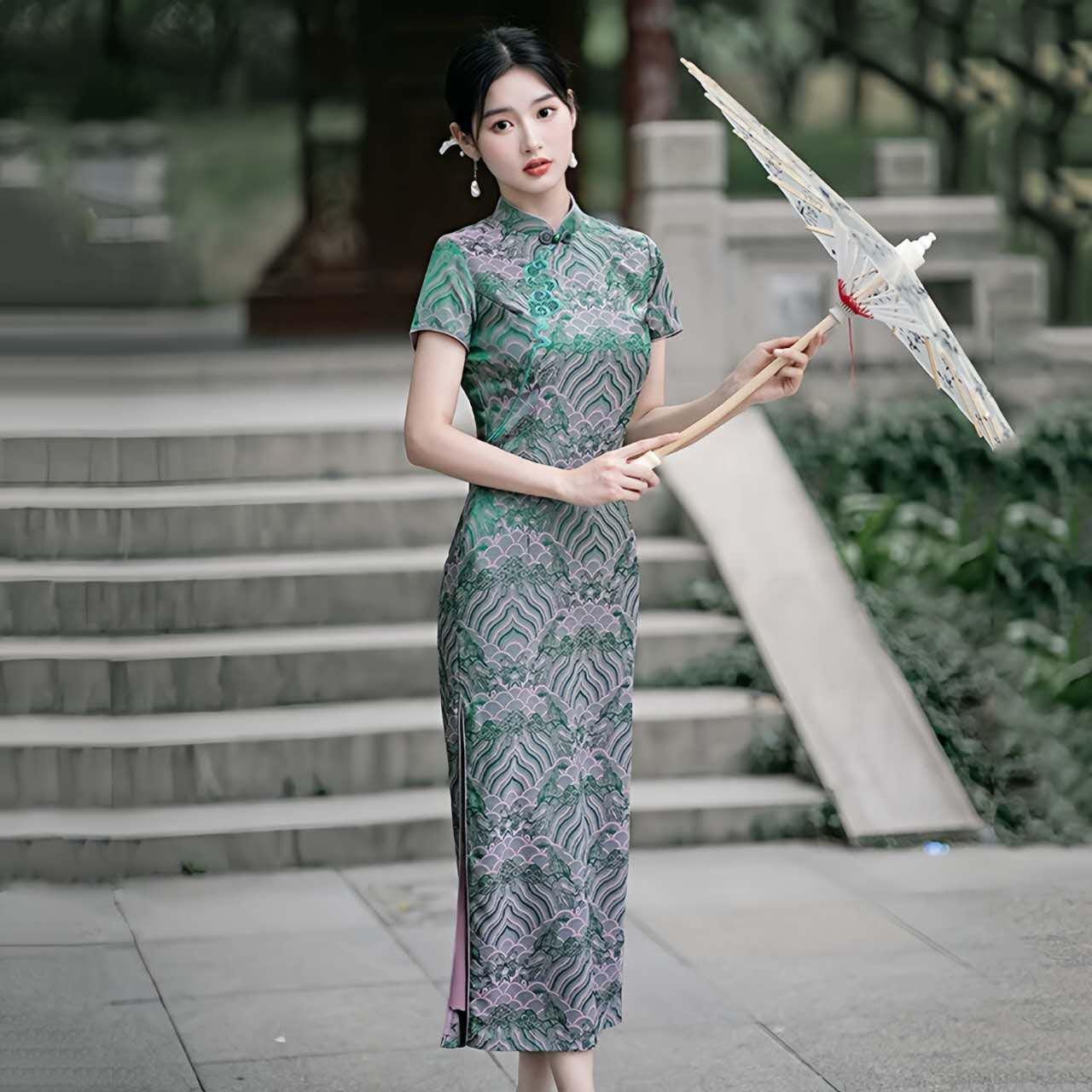 Vestido Cheongsam verde, Vestido Qipao Vintage,  Elegante Vestido Chino, Vestido para Eventos Culturales,Vestido para Ceremonia del Té