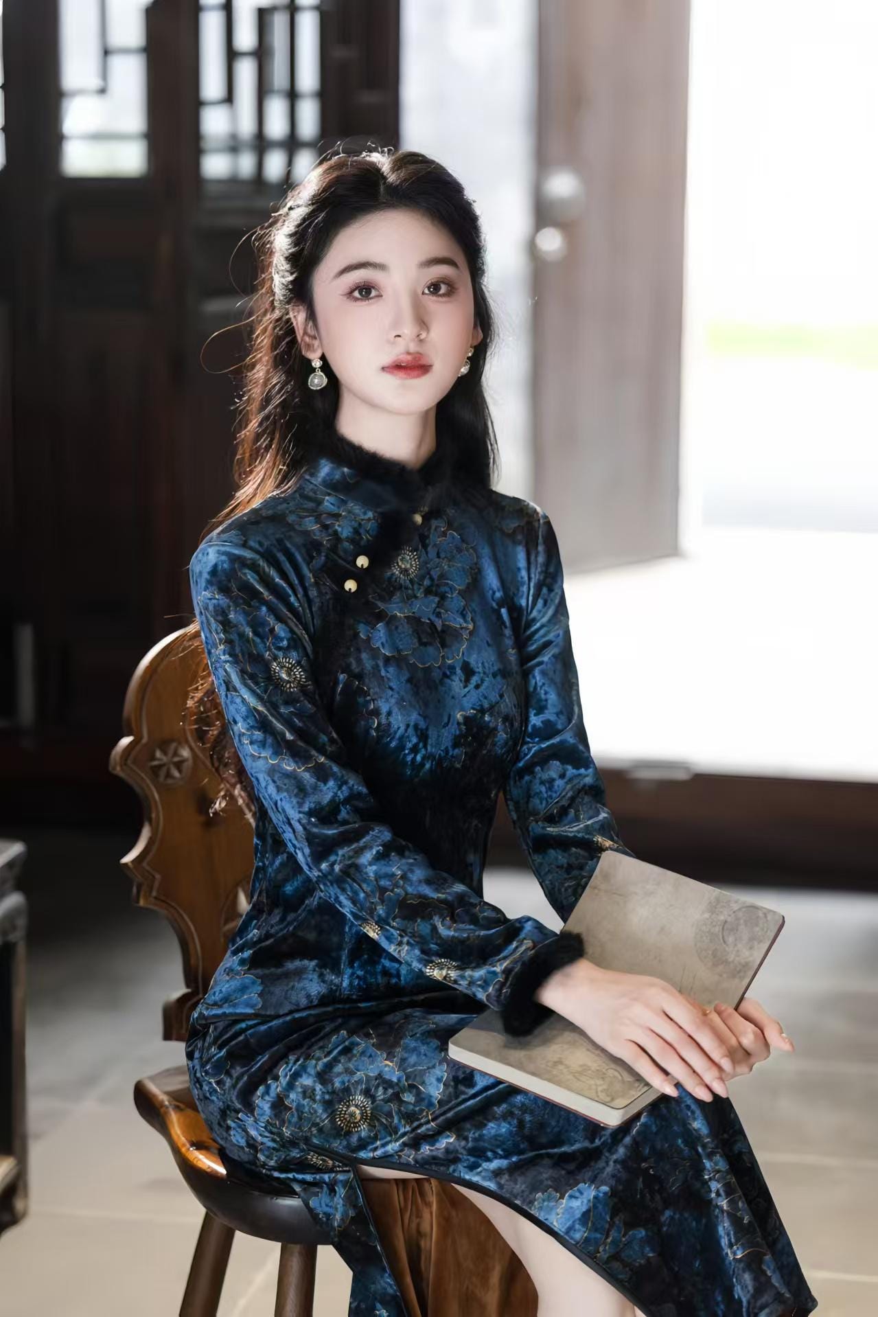 Blue velvet qipao with peony print, long-sleeved winter cheongsam with pearl frog buttons, autumn dress, gift