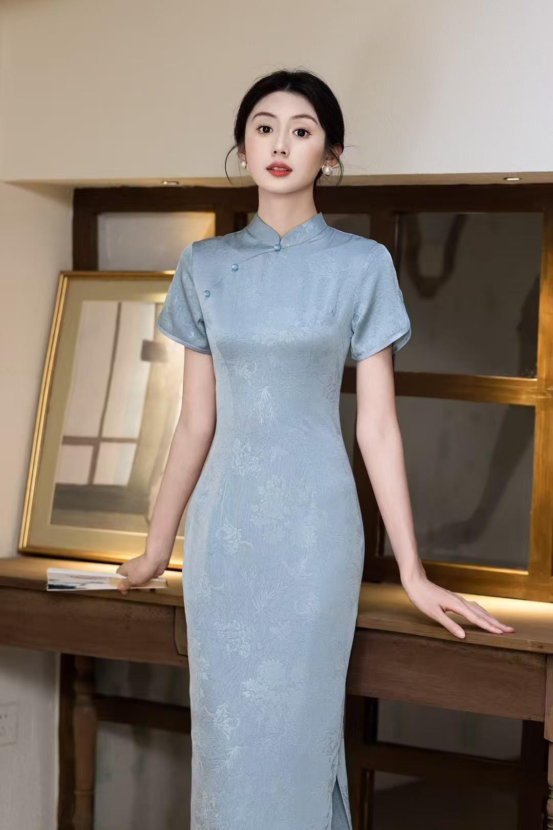 Vestido Qipao Brocado Azul, Elegante Cheongsam,Lujoso de Seda Jacquard,Oriental Claro,Invitada de Boda Estilo Chino, Traje de Verano,vintage