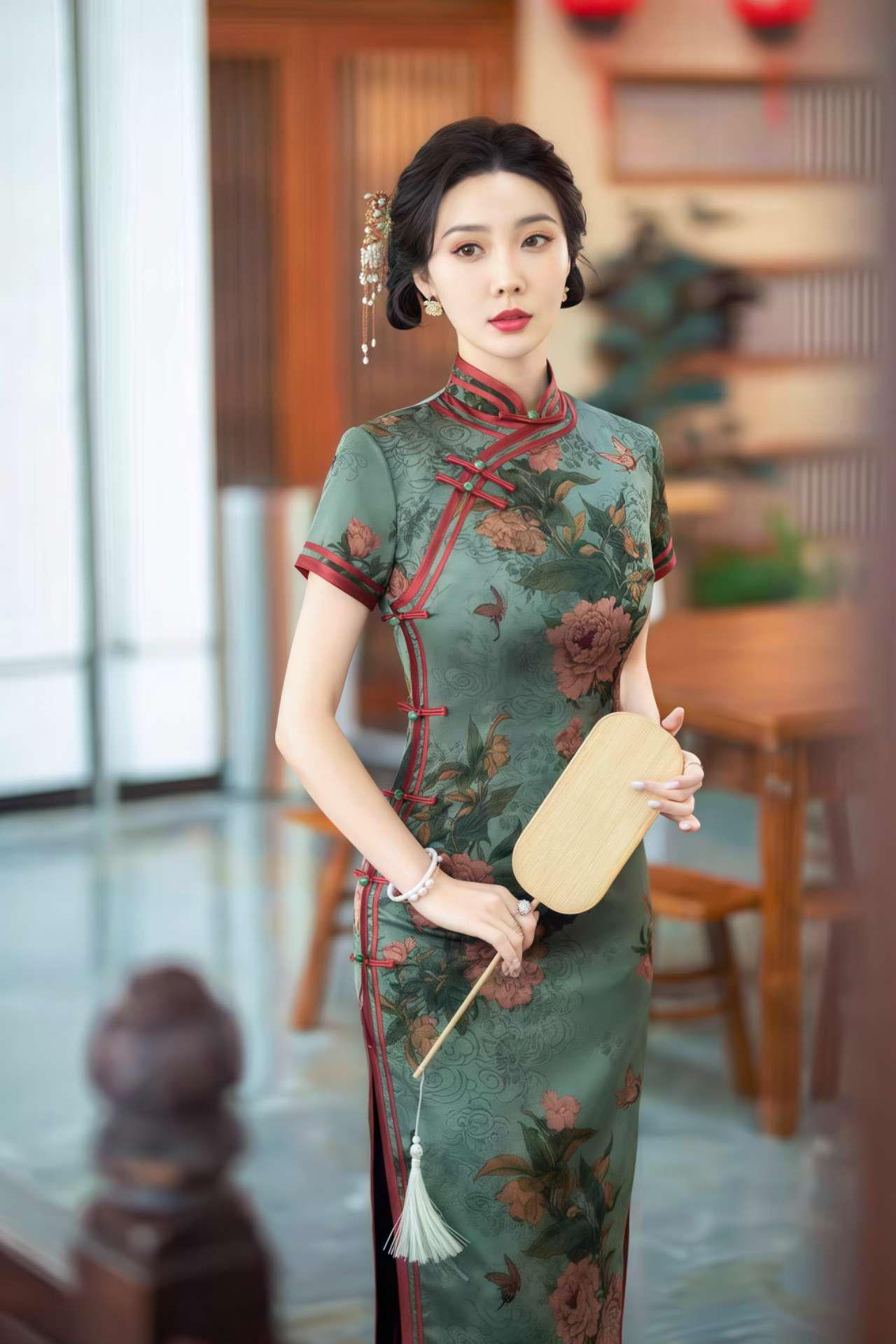 Vintage Floral Qipao, Green Brocade Cheongsam, Oriental Wedding Dress, Asian Retro Dress, Classic Qipao Dress, Tea Ceremony
