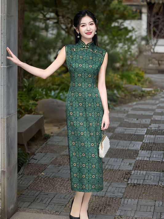 Qipao Chino Vintage,Vestido Cheongsam Retro Elegante,Vestido Qipao Estampado Verde,Qipao Estilo Tradicional,regalo cultural,Ceremonia del Té