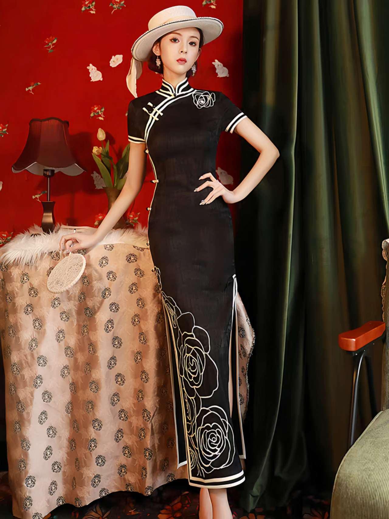 vestido cheongsam negro vintage, qipao elegante de noche estilo Shanghái, vestido chino con rosas bordadas,Vestido Vintage Elegante para Té