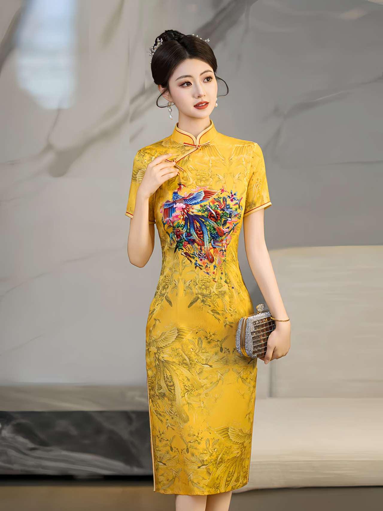 Qipao Amarillo Fénix, Vestido Cheongsam Corto, Vestido de Fiesta Chino, Traje de Cóctel Oriental, Vestido de Invitada de Boda Retro